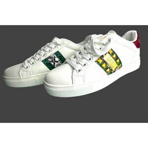 Cavalli Class White Red Sneakers With Gold Studs & Green Snakeskin- LT3255